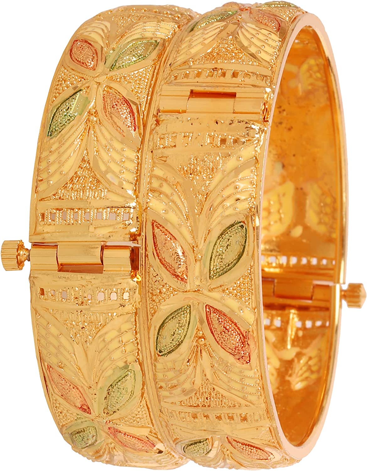 230816064918098_1 Touchstone Indian Bollywood Finely Hand Engraved Peeled Metal Pretty Mesh Work Jaipur Meenakari Enamel Exclusive Designer Jewelry Bangle Bracelets in Gold Tone for Women. - Image 1